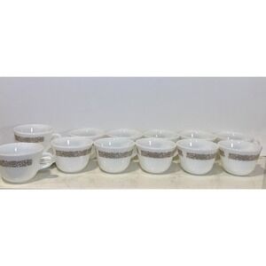 12 Corelle Corning Pyrex Woodland Brown Glass Coffee Mugs w/ 5 saucers Mint!